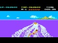 a sports/water skiing game where you control of a female water-skier who must dodge the many rocks that protrude from the water while attempting to steer through a set number of gates - in the form of a pair of flags - before the time limit expires. the acceleration button needs to be held down all the time while the 'trick' button makes the water-skiing girl spin through one-eighty degrees and proceed to ski backwards. the player cannot steer while traveling backwards, but will earn bonus points for the duration of the trick. as the game progresses, small ramps, buoys and sharks come into play. the small ramps can be jumped to add to the player's score, although they're always in difficult to reach locations. the buoys are usually very close together, but skiing between them earns bonus points. finally, the shark will appear from time-to-time, running into it means game over, regardless of how much time the player has left.